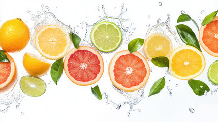 Citrus Fruits Splashing in Water with Vibrant Colors