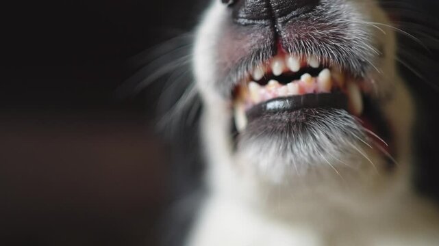 Dangerous angry dog. Aggressive puppy dog border collie baring teeth fangs looking aggressive dangerous. Guardian growling scary dog ready for attack. Pet infected by rabies.