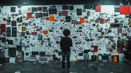 Obraz premium Person observing wall filled with various posters in artistic environment.