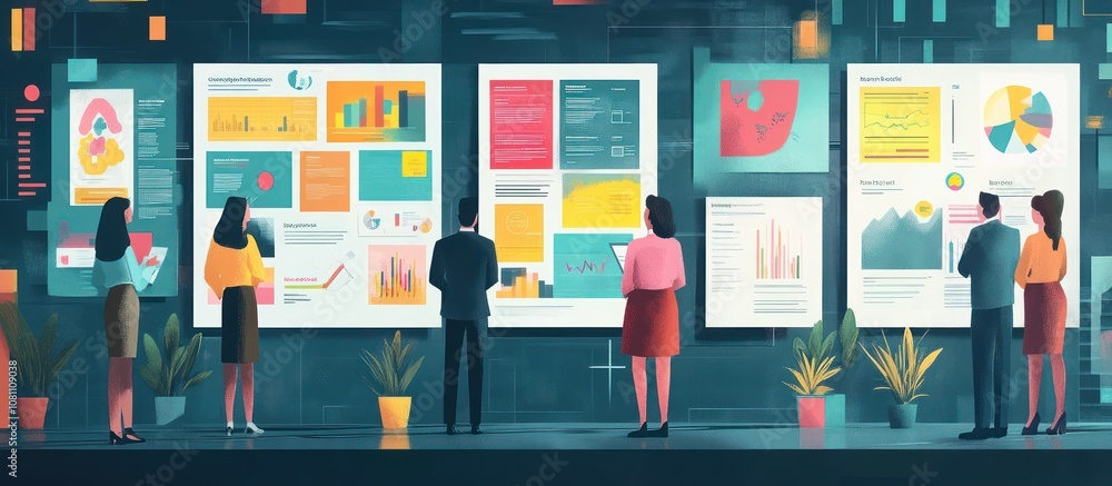 Aufkleber a group of people are looking at charts and graphs on a wall, analyzing data and engaging in a busin