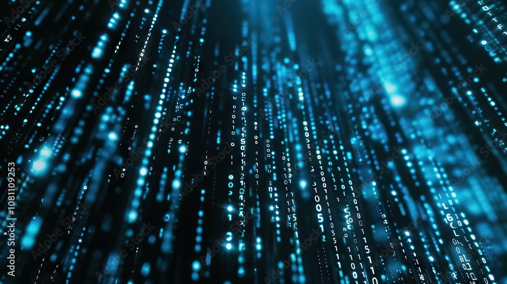 Poster digital binary code flowing downward in blue light on black background.