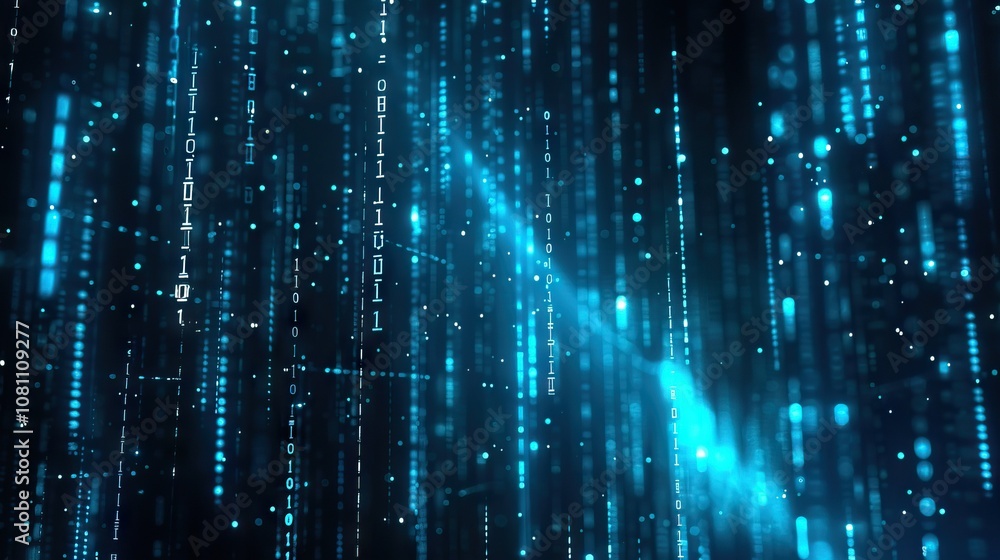 Poster digital binary code flowing downward in blue light on black background.