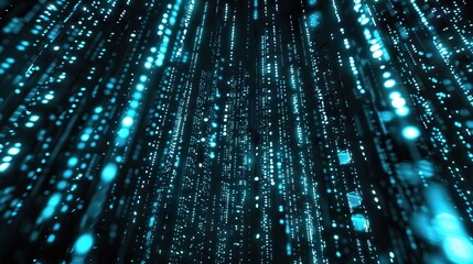 Digital binary code flowing downward in blue light on black background.