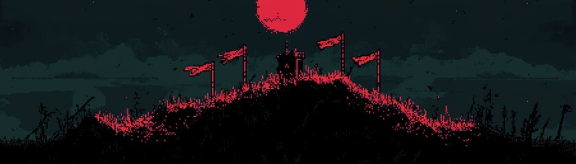 Abstract hill with red flags under a crimson moon, mysterious night scene.