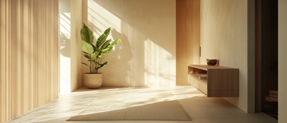Fototapeta premium A room with a white wall and a brown curtain