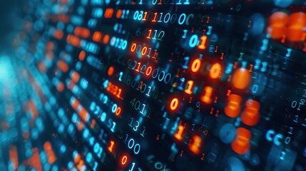 Digital binary data on computer screen. Close up with small dept