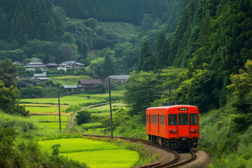 Obraz premium Rote Straßenbahn auf malerischer landschaftlicher Strecke