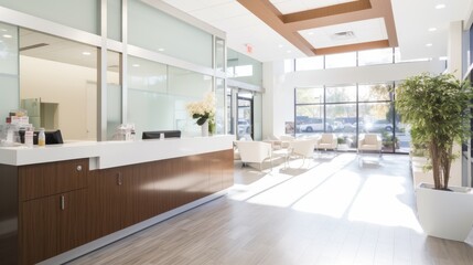 A bright, modern dental office with sleek furnishings and floor-to-ceiling windows letting in ample sunlight.