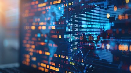 Abstract programming language with world map background for research and development.