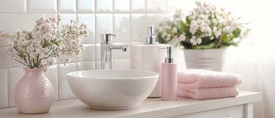A bathroom sink with a white bowl and a pink vase with flowers on it