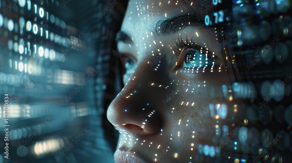 Poster artificial intelligence theme with binary code and female face.