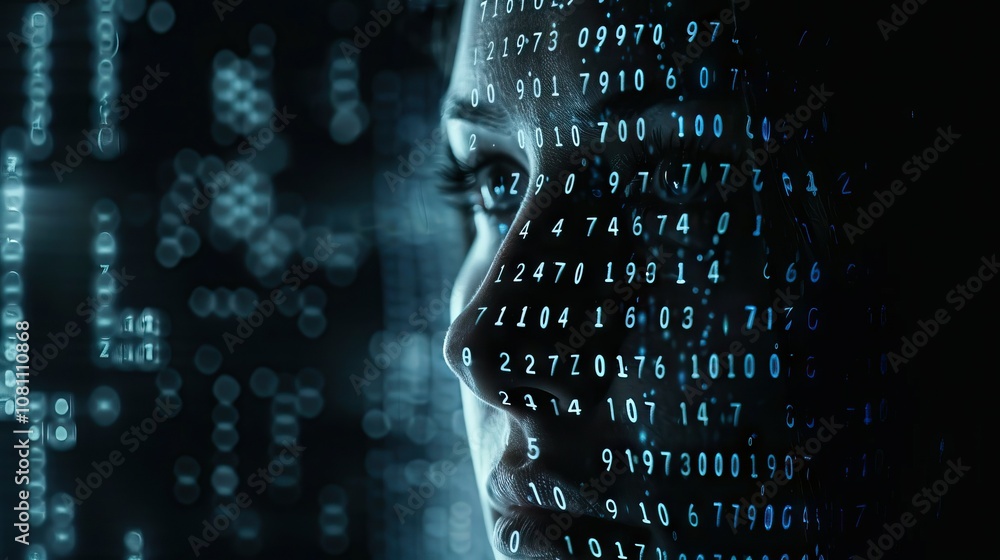 Poster artificial intelligence theme with binary code and female face.