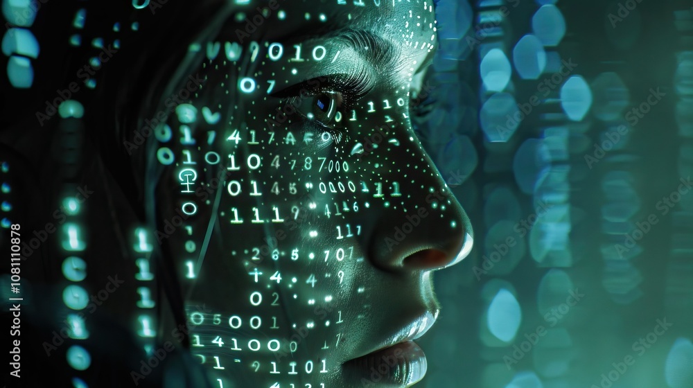 Poster artificial intelligence theme with binary code and female face.