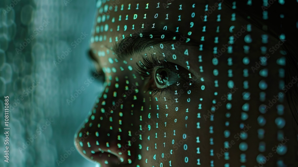 Poster artificial intelligence theme with binary code and female face.