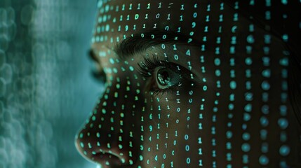 Artificial intelligence theme with binary code and female face.