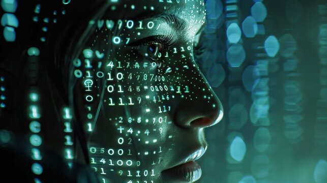 Artificial intelligence theme with binary code and female face.