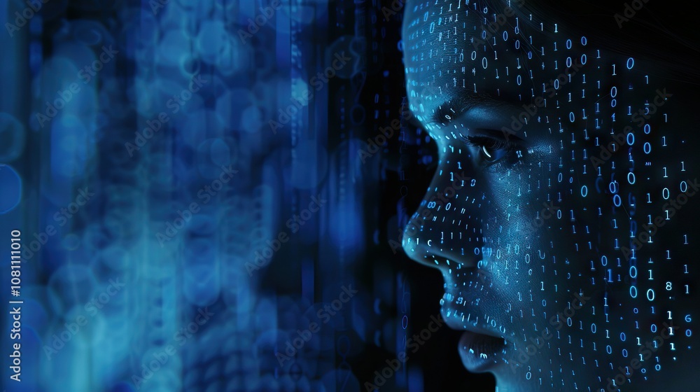 Poster artificial intelligence theme with binary code and female face.