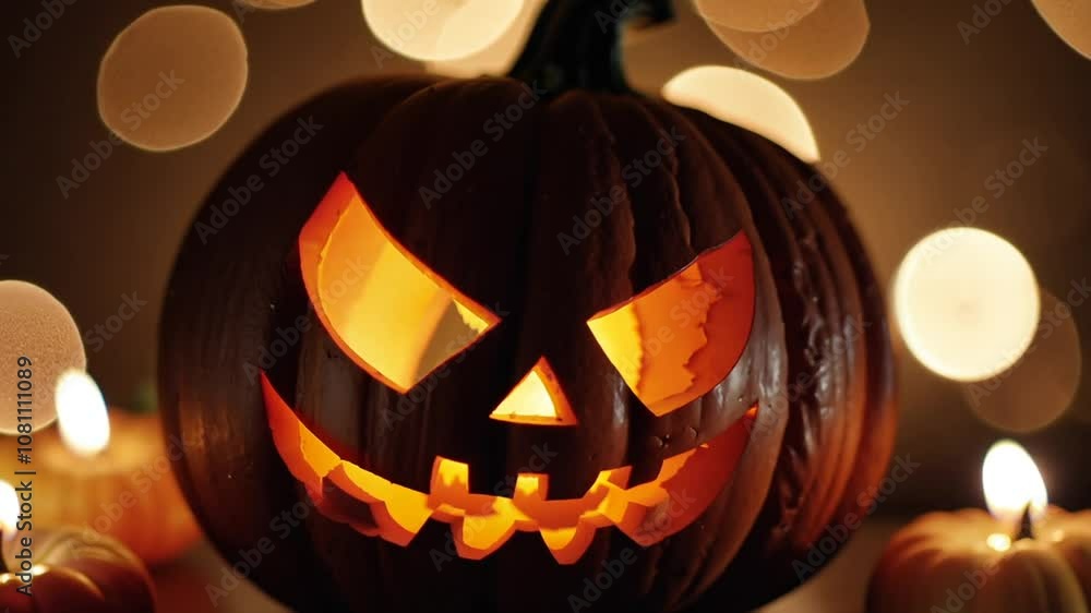 Poster glowing halloween pumpkin with bokeh lights in festive setting generative ai