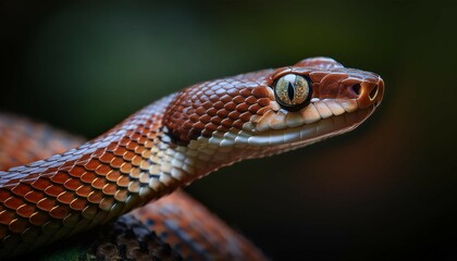 Fototapeta premium close up shot of snake reveals intricate details of its scales and striking eyes showcasing beauty of nature in low light vibrant colors and textures create captivating image