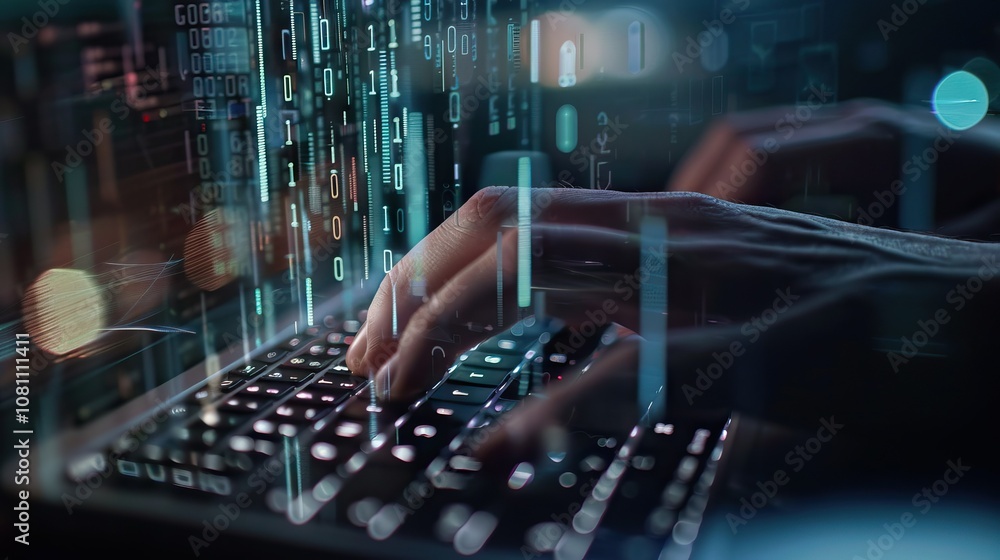 Poster digital security concept with laptop padlock and binary code.