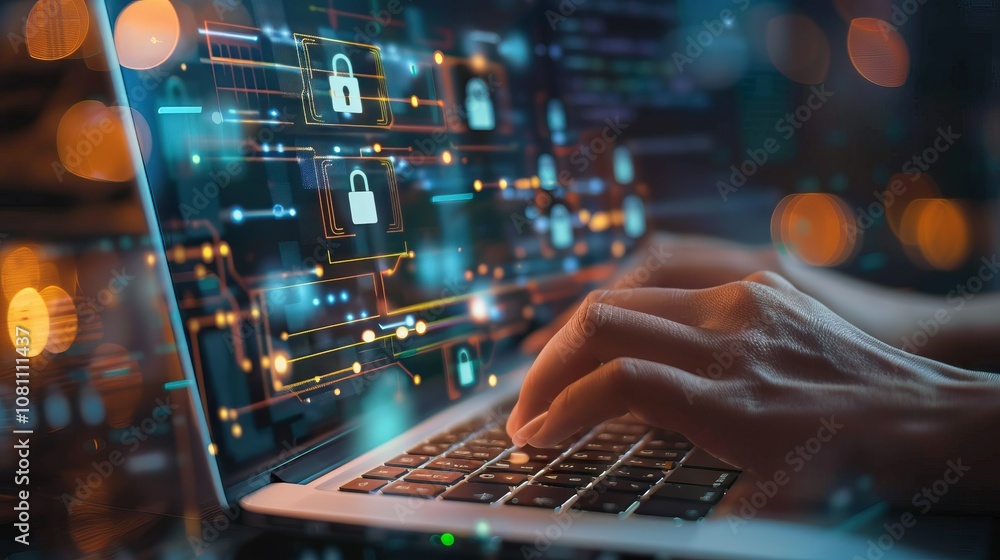 Poster digital security concept with laptop padlock and binary code.