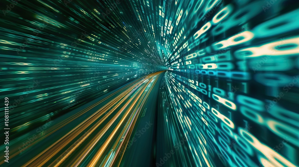 Poster fast moving binary code on blurred track digital technology concept.