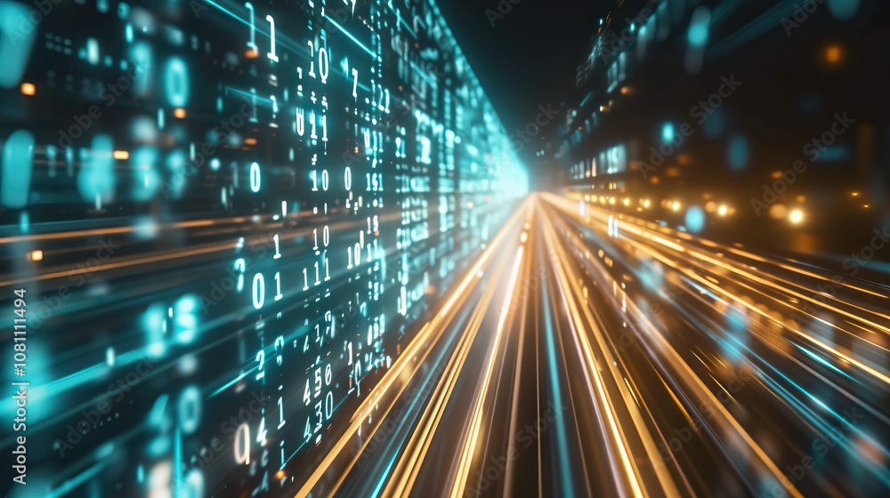 Poster fast moving binary code on blurred track digital technology concept.