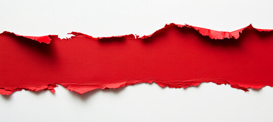 A torn piece of red paper sits against a white background, with a rough, uneven edge