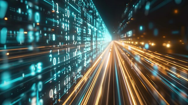 Fast moving binary code on blurred track  digital technology concept.