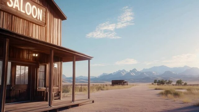 In a sunlit desert, a Western saloon invites visitors with its rustic charm and stunning mountain backdrop