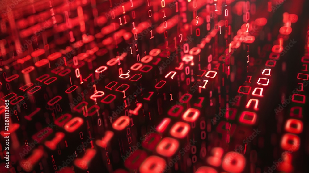 Poster binary code background with red accents computer malware concept.