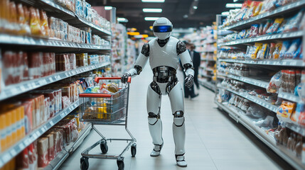 Futuristic humanoid robot pushing shopping cart with groceries in supermarket, showcasing automation in retail