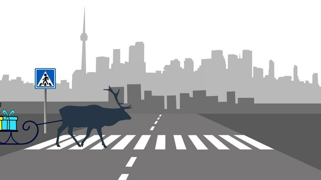 Christmas animation with cityscape and reindeer delivering gifts to children (animation, seamless loop)