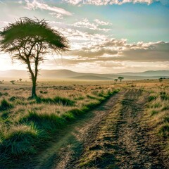 Landscape of green field and meadow and sunset sky on background