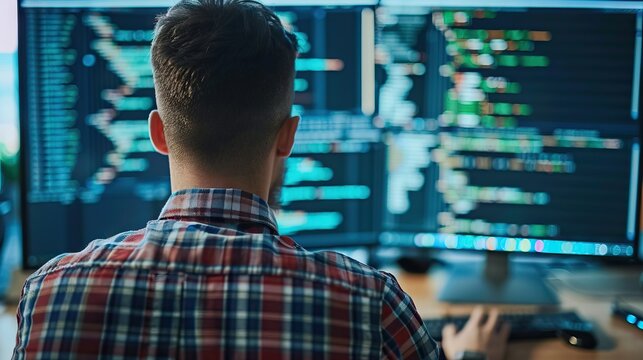 Developer working with source code on computer screen.