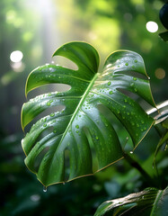 Fototapeta premium Monstera Deliciosa plant, on natural background. With dew and water drops