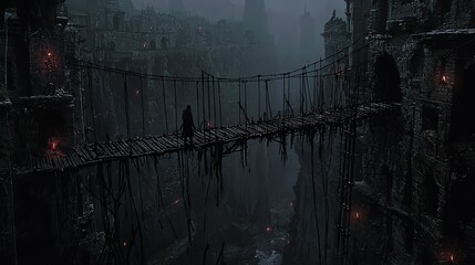 Mysterious gothic ruins with a foggy atmosphere and eerie wooden bridge at night.