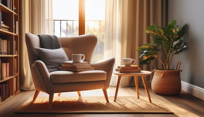 Cozy Reading Corner with Warm Lighting and Blanket