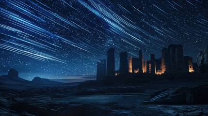 Light trails illuminating ancient ruins under the stars