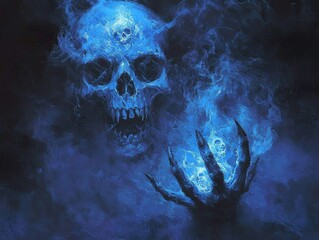 Mysterious blue skull and hand emerge from eerie smoke, symbolizing the unknown.