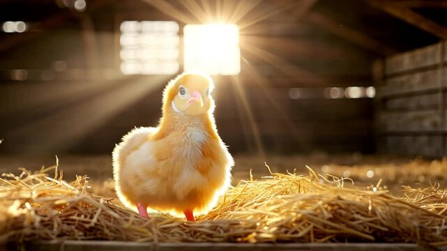 A chick resting on straw in a barn, illuminated by sunlight streaming through windows.