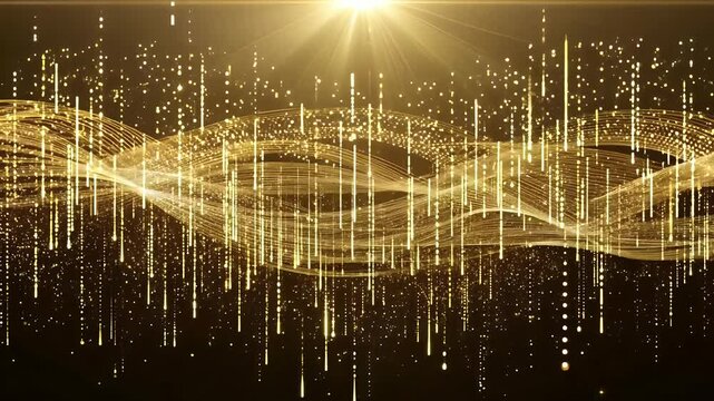 background shimmering gold particles elegant light stripes rising beams Oscar gala New Year&rsquo;s celebration creating festive celebratory mood 4K