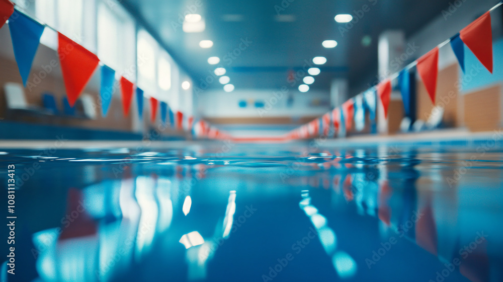 Poster tranquil water surface reflecting light in an empty indoor pool with colorful banners hanging on the
