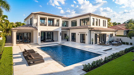 Fototapeta premium Inviting swimming pool and patio area of a luxurious contemporary home boasting a modern architectural design