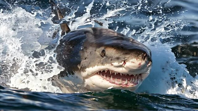 A great white shark swims through the ocean, its head breaking the surface of the water, with mouth opened revealing rows of sharp teeth, ready to attack
