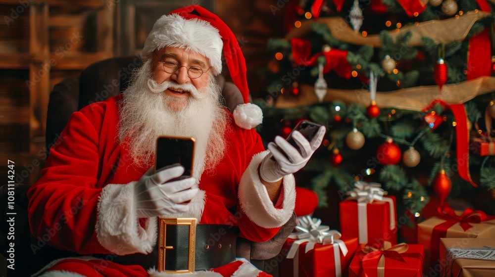 Poster santa claus holding smartphone in studio setting generative ai