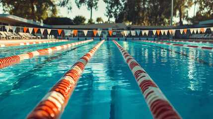Obraz premium Empty outdoor pool with red and white lane lines, awaiting swimmers on a sunny day