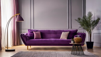 modern living room interior purple sofa with lamp in the room