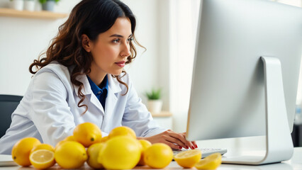 a woman in a lab coat using a computer with lemons on a table