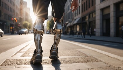  Person with prosthetic legs walking confidently in city street